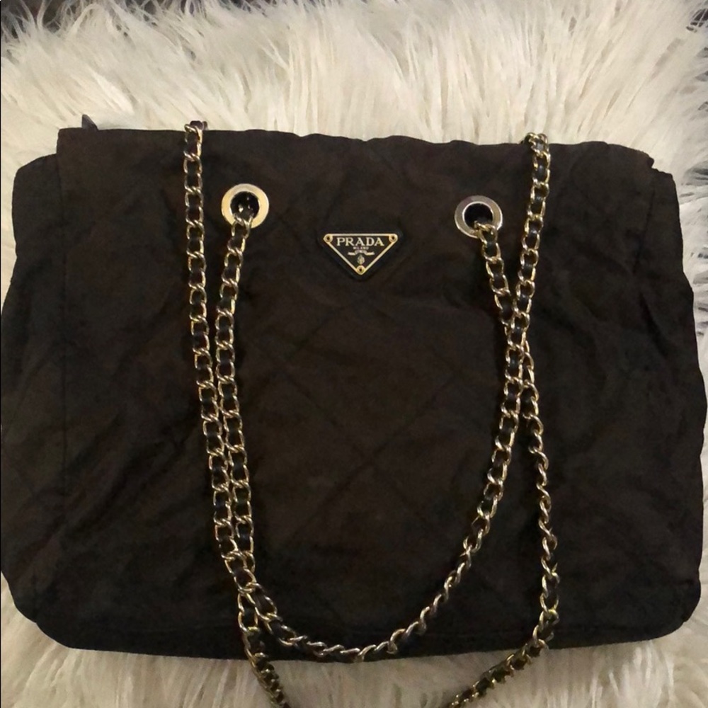 PRADA Quilted Nylon Tote Bag with Gold Chain